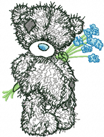 Bear with blue flowers applique machine embroidery design